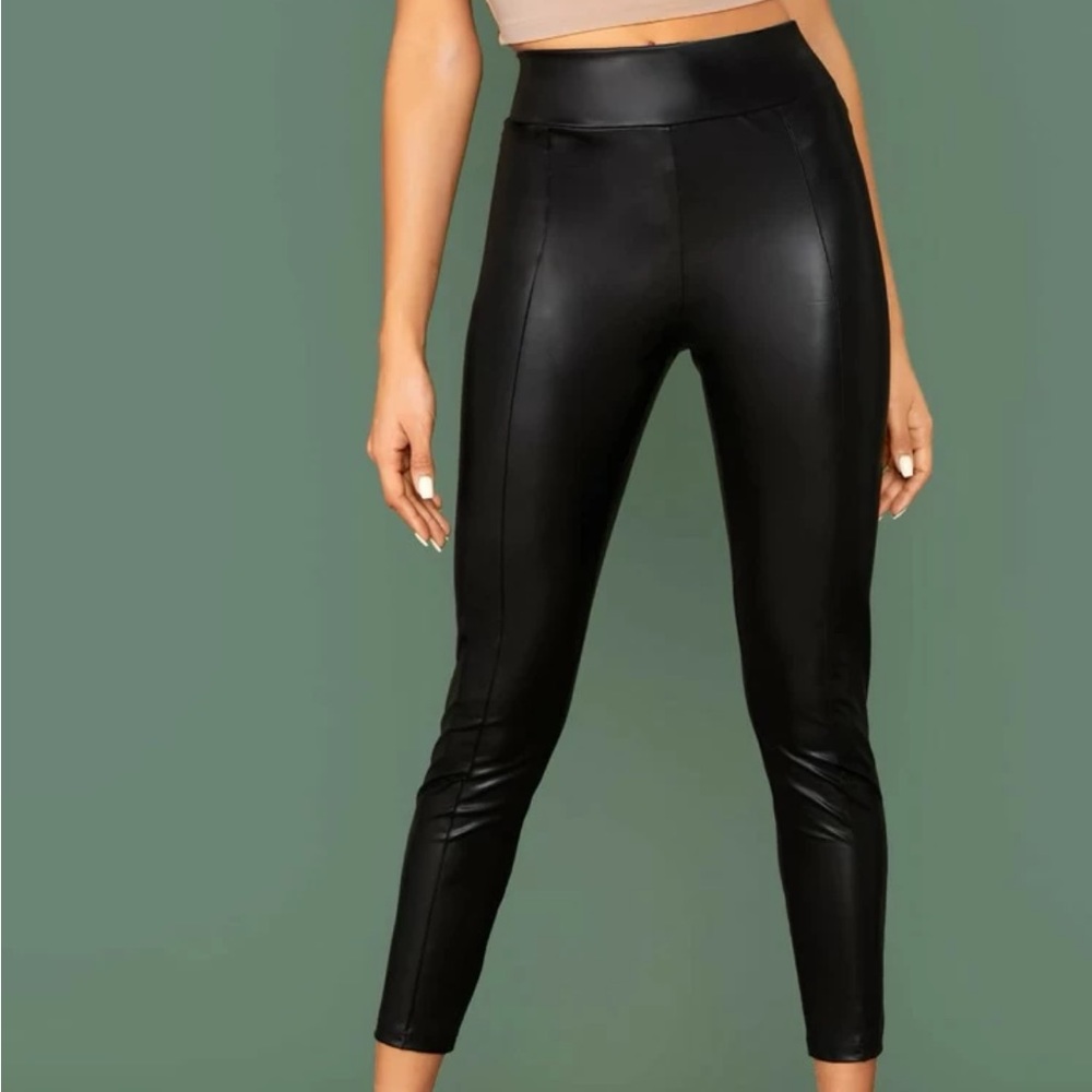 SHEIN Elastic Waist Seam Front Leather Look Pants